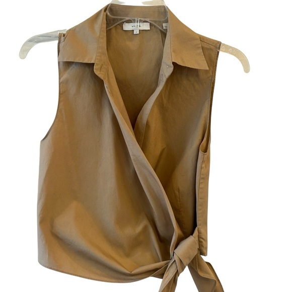 Vince Tan Wrap Blouse Sleeveless Cotton Poplin Wrap Shirt in Dune Size 2 - Picture 2 of 8